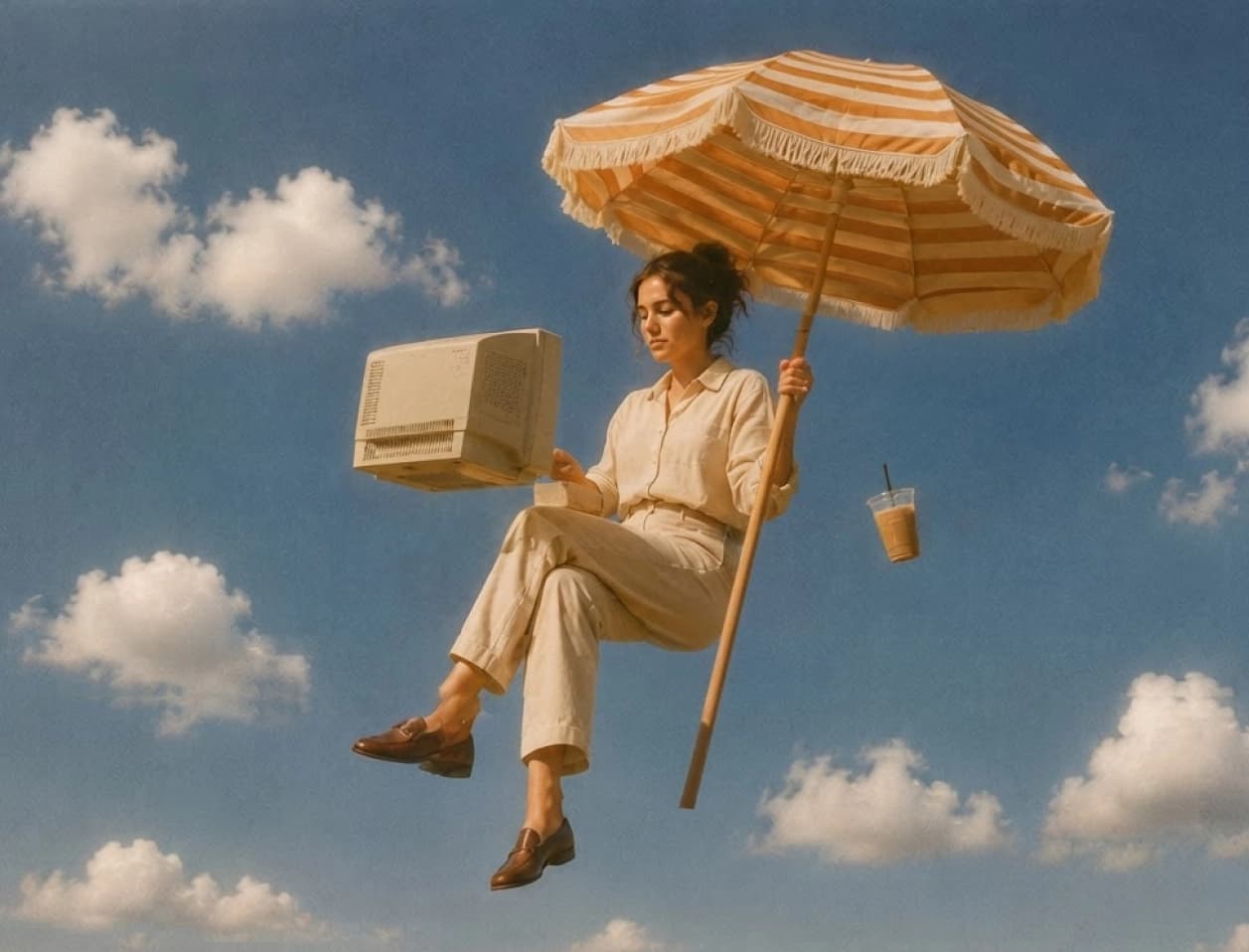 Freelancer floating in the sky with a beach umbrella, a computer and an iced coffee, between summer and the September return